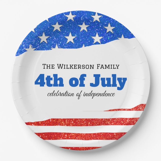 Fourth of July Glitter American Flag Paper Plates (Front)