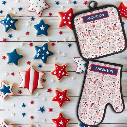 Fourth of July Independence Day BBQ Celebration Oven Mitt  Pot Holder Set