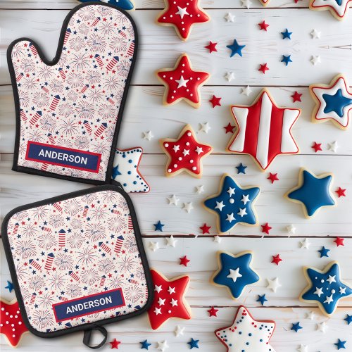 Fourth of July Independence Day BBQ Celebration Oven Mitt  Pot Holder Set