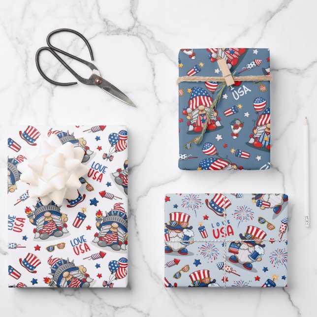 Fourth of July Independence Day Patriotic Gnomes Wrapping Paper Sheets (Front)