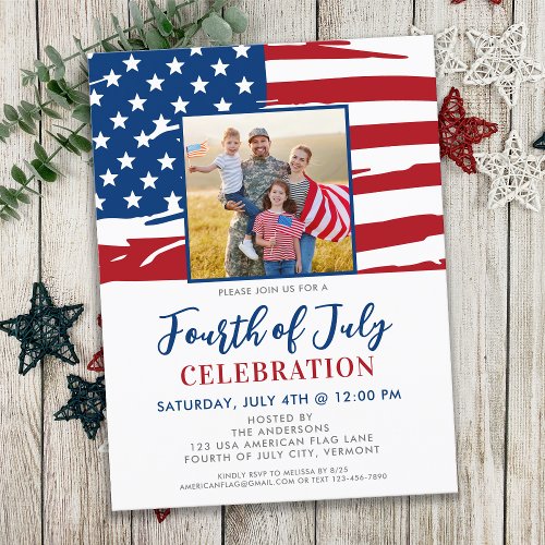 Fourth Of July Party American Flag Family Photo Invitation Postcard