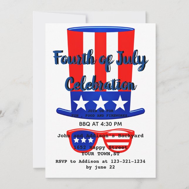 Fourth of JULY  party Hat and Glasses Invitation (Front)