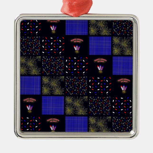 Fourth of July Patchwork Pattern - July 4th Metal Ornament (Front)