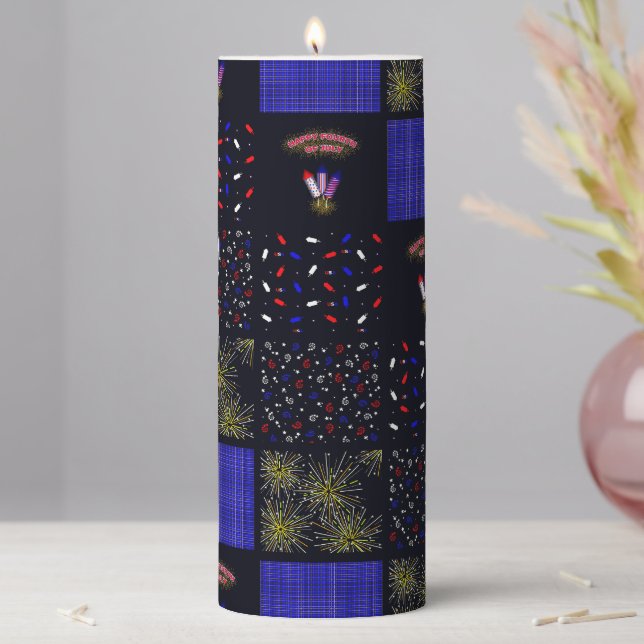 Fourth of July Patchwork Pattern - July 4th Pillar Candle (In Situ)