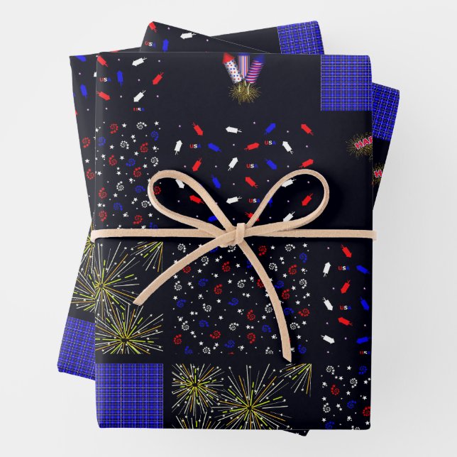 Fourth of July Patchwork Pattern - July 4th Wrapping Paper Sheets (In situ)