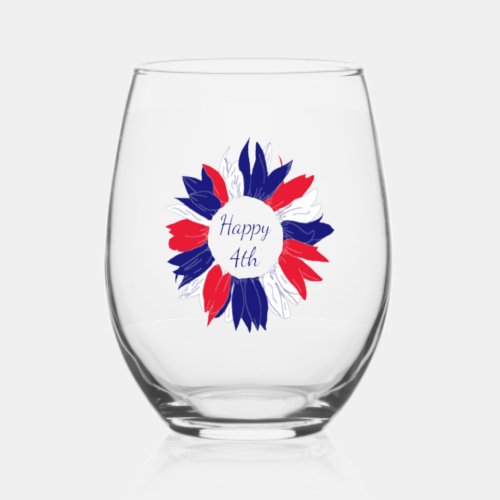 Fourth of July Patriotic Floral Red White Blue Stemless Wine Glass