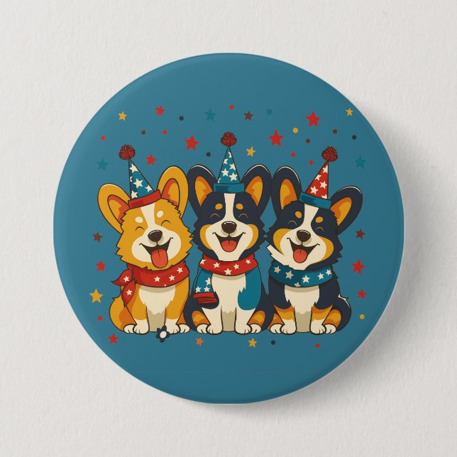 Fourth Of July Pembroke Welsh Corgi Dogs Button (Front)