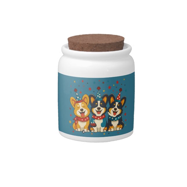 Fourth Of July Pembroke Welsh Corgi Dogs Candy Jar (Front)