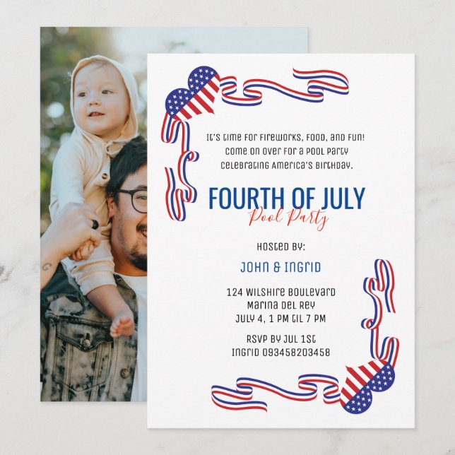Fourth of July Pool Party Red, Blue and White Invi Invitation (Front/Back)