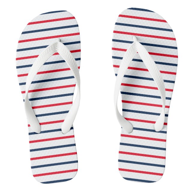 Fourth of July red white blue stripes patriotic Flip Flops (Footbed)