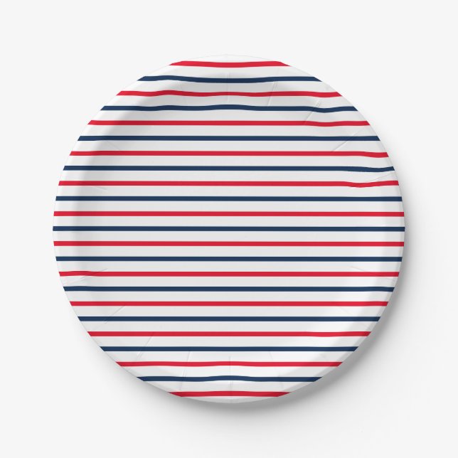 Fourth of July red white blue stripes patriotic Paper Plates (Front)