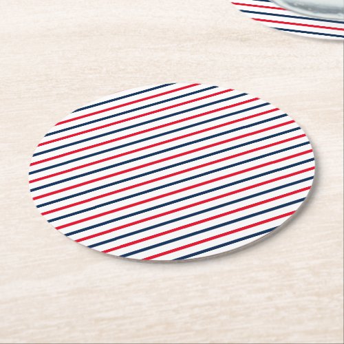 Fourth of July red white blue stripes patriotic Round Paper Coaster