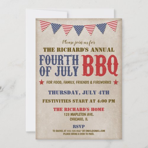 Fourth of July rustic red white blue fireworks Invitation