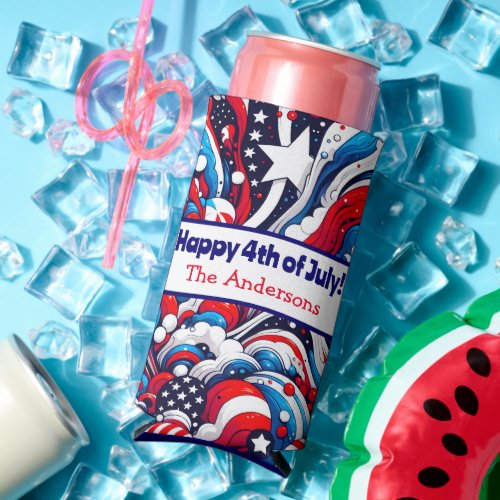 Fourth of July  Stars and Stripes Personalized Seltzer Can Cooler