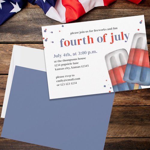 Fourth of July Summer Red White and Blue Popsicle  Invitation