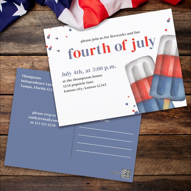 Fourth Of July Summer Red White and Blue Popsicles Postcard (Fourth of July Red, White, and Blue summer party invitation postcard. )