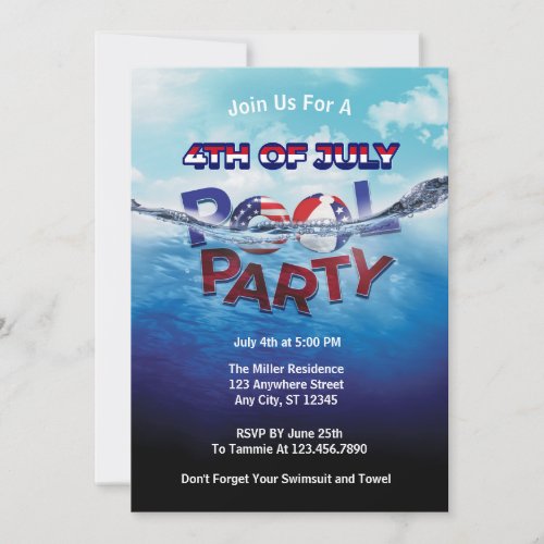 Fourth of July Swimming Pool Party  Invitation