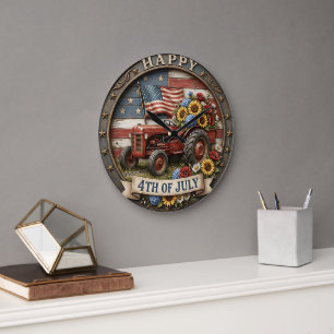 Fourth Of July Vintage Tractor Large Clock