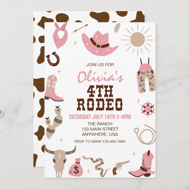 Fourth Rodeo Pink Western 4th Birthday Invitation (Front/Back)