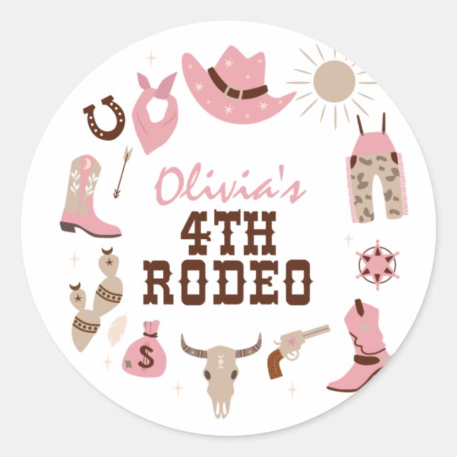 Fourth Rodeo Pink Western Cowboy 4th Birthday Classic Round Sticker (Front)