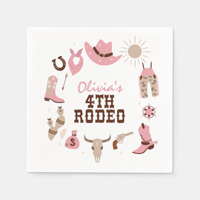 Fourth Rodeo Pink Western Cowboy 4th Birthday Napkins (Front)