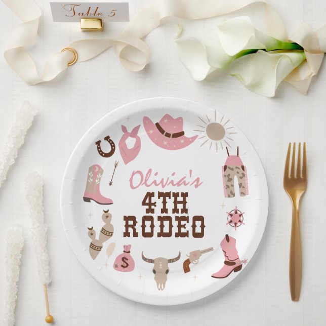 Fourth Rodeo Pink Western Cowboy 4th Birthday Paper Plates (Wedding)