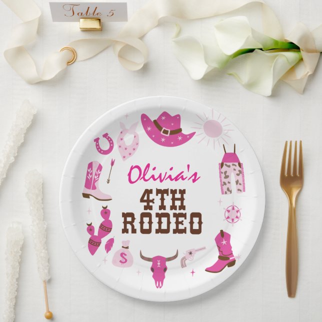 Fourth Rodeo Pink Western Cowboy 4th Birthday Paper Plates (Wedding)