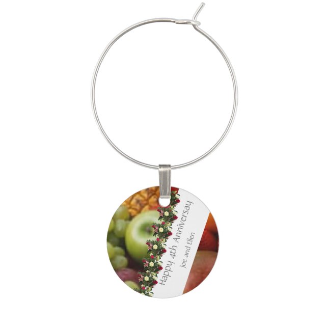 Fourth Wedding Anniversary Fruit and Flowers  Wine Charm (Front)