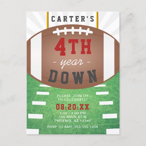 Fourth Year Down Football Theme 4th Birthday Invitation Postcard