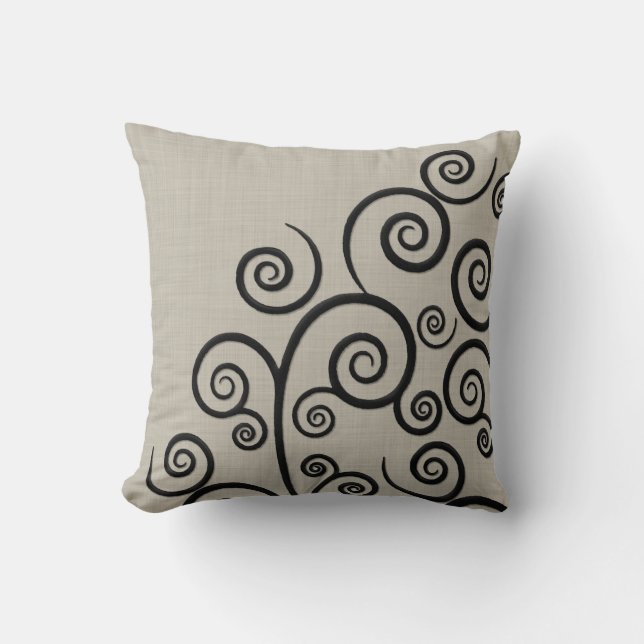 Foux Embroidered Swirls on Linen Throw Pillow (Front)