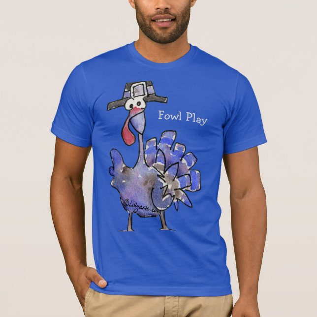 Fowl Play Cartoon Blue Turkey dark T shirt (Front)