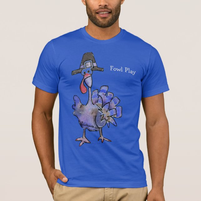 Fowl Play Cartoon Blue Turkey dark T shirt (Front)
