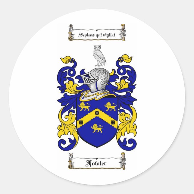 FOWLER FAMILY CREST -  FOWLER COAT OF ARMS CLASSIC ROUND STICKER (Front)