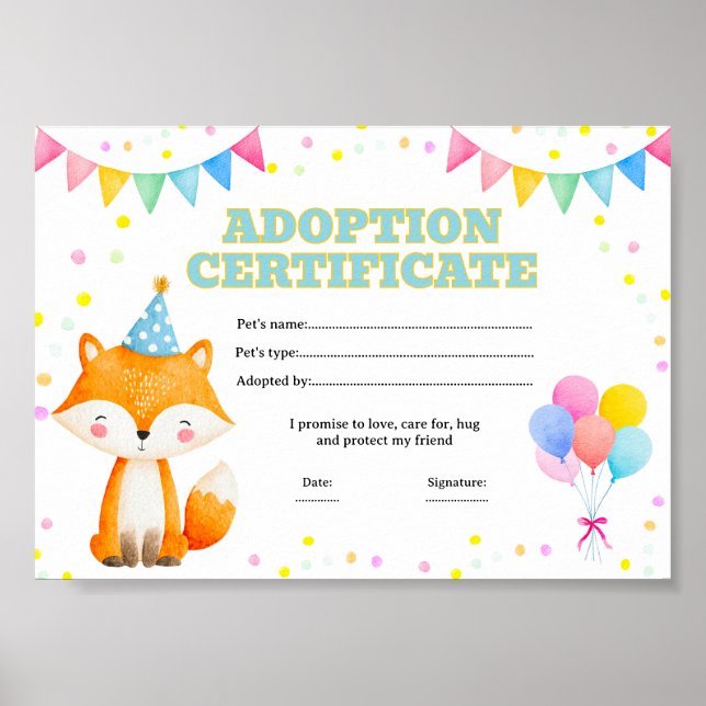 Fox adopt a pet certificate editable poster (Front)