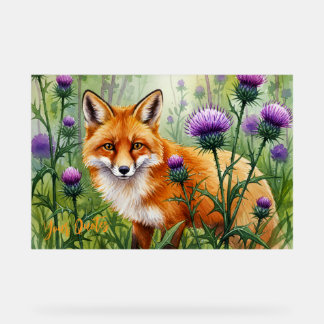 Fox Among Purple Thistle Flowers Watercolor Acrylic Sign