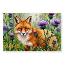 Fox Among Purple Thistle Flowers Watercolor