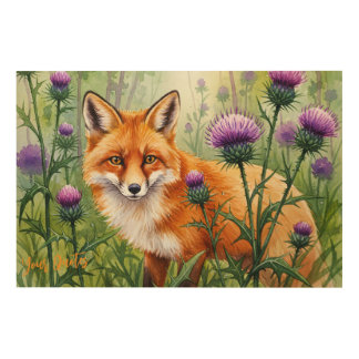 Fox Among Purple Thistle Flowers Watercolor Wood Wall Art