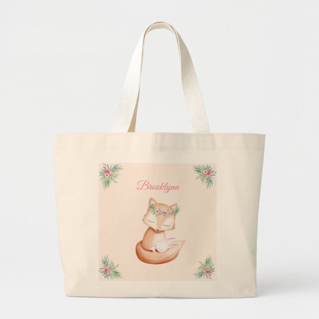 Fox and Baby Bunny Rabbit Snuggling Together Large Tote Bag (Front)