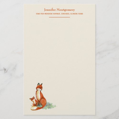 Fox and Baby Watercolor Illustration Personalized Stationery