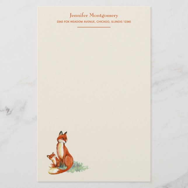 Fox and Baby Watercolor Illustration Personalized Stationery (Front)