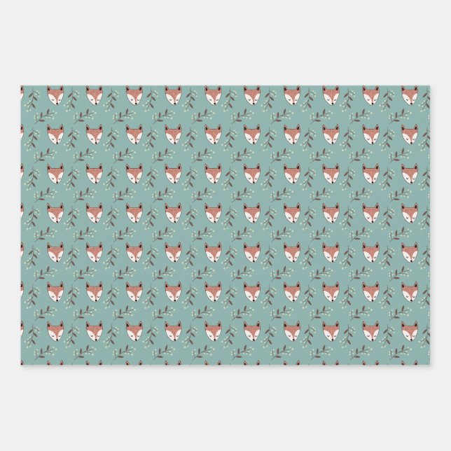 Fox and berries in teal wrapping paper sheets (Front)