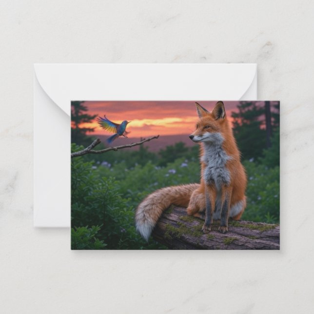 Fox and Bird at Sunset in Forest Scene with Quote Note Card (Front)