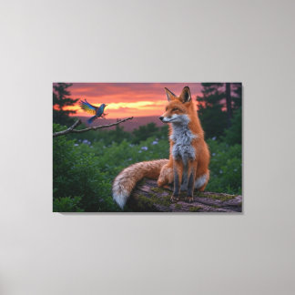 Fox and Bird at Sunset – Tranquil Forest Canvas Print