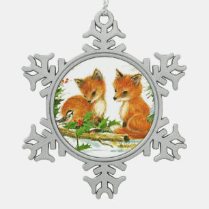 Fox and Bird Enjoy Christmas Snow Snowflake Pewter Christmas Ornament