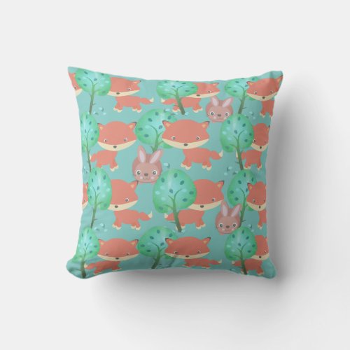 Fox and Bunny Woodland Pattern Throw Pillow