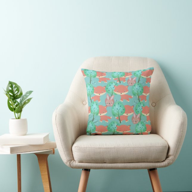 Fox and Bunny Woodland Pattern Throw Pillow (Chair)