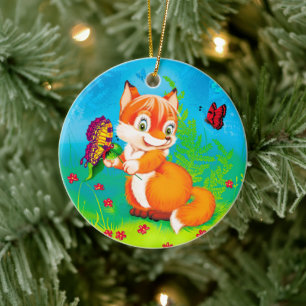 fox and butterfly ceramic ornament