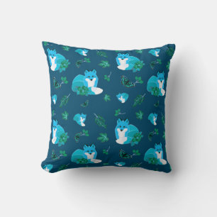 Fox and butterfly forest cute woodland blue throw pillow