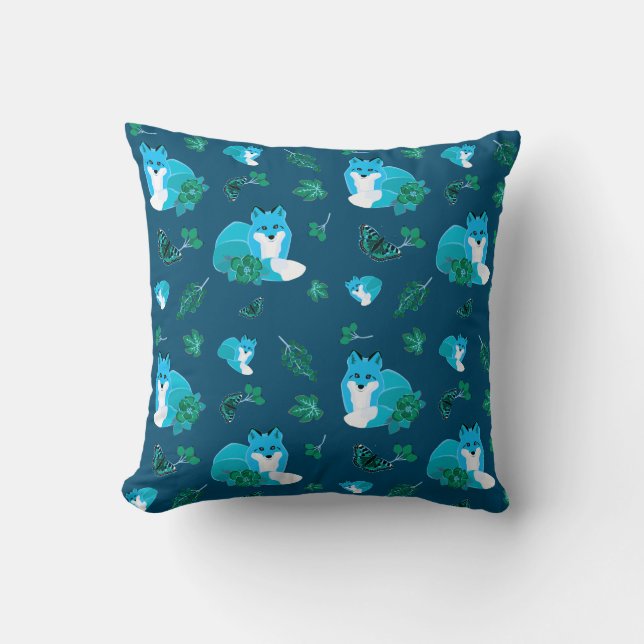Fox and butterfly forest cute woodland blue throw pillow (Front)
