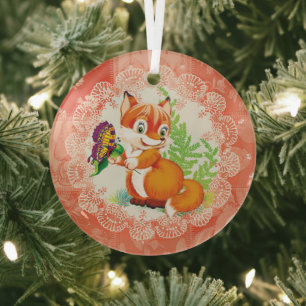 fox and butterfly  glass ornament